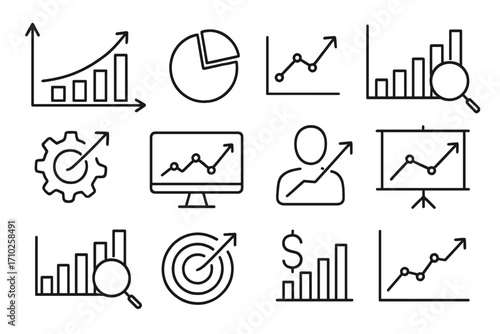 Data analytics and business growth line icon collection. Symbols for statistics, financial reports, marketing performance and data analysis. Editable stroke vector icon set.