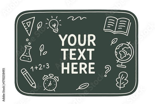 Chalkboard background for education with hand drawn doodle icons. Back to school concept with customizable text space. Vector illustration for classroom, learning, science.