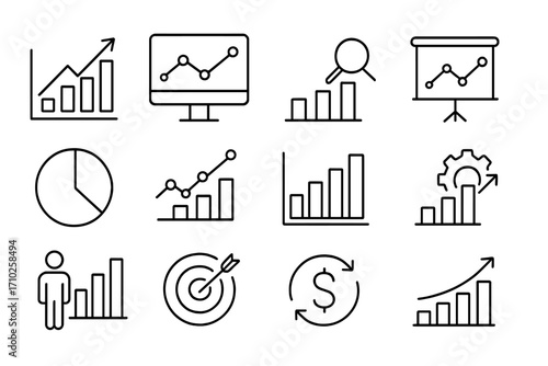 Analytics data line icon set. Editable stroke icons for business, web, apps. Vector collection of chart, graph, progress, growth, report, marketing, finance symbols.