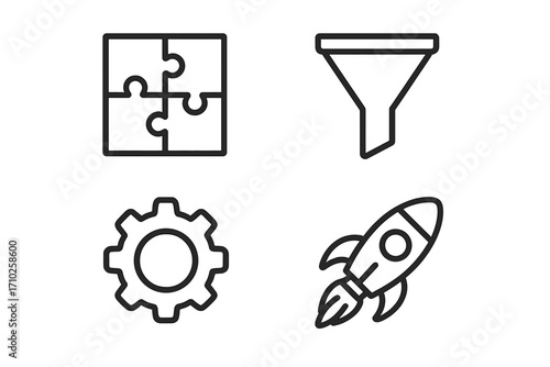 Data analytics and business process line icon set. Puzzle for strategy, funnel for filtering sales leads, gear for development, and rocket for startup launch. Vector icons.