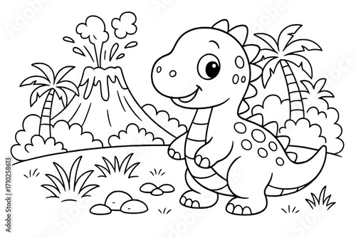 Cute dinosaur coloring page for kids. Baby dino in prehistoric landscape with erupting volcano. Cartoon vector outline for children's activity book. Simple black and white drawing.