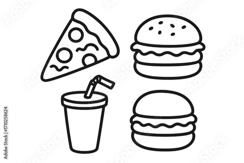 Set of fast food line art icons. Doodle cartoon vector illustration of pizza slice, burgers, soda drink. Simple black and white graphic for menu, restaurant, or delivery service.