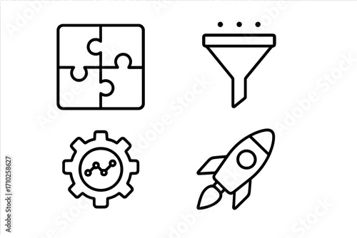 Data analytics and business process icon set. Vector outline icons including puzzle for strategy, sales funnel for conversion, gear for processing, and startup rocket for growth.