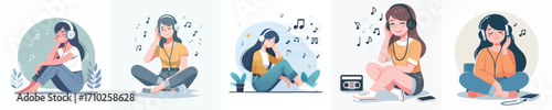 vector of a woman sitting on the floor listening to music on headphones