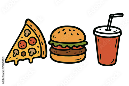 Fast food doodle icon set with pizza slice, hamburger and soda drink. Vector cartoon illustration for menu, takeaway or delivery. Junk food concept. Unhealthy meal combo.