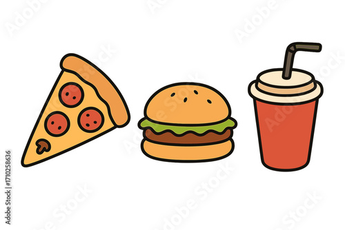 Fast food doodle icon set with pizza slice, burger, and soda drink. Vector cartoon illustration for junk food, takeaway menu or restaurant graphics. Isolated background.