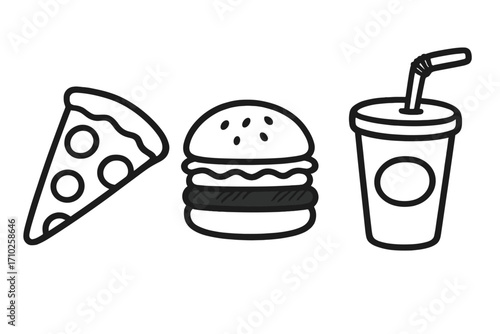 Fast food icon set featuring pizza slice, burger, and soda drink. Simple line art doodle illustration. Vector graphic of junk food meal. Black and white cartoon sketch for menu.
