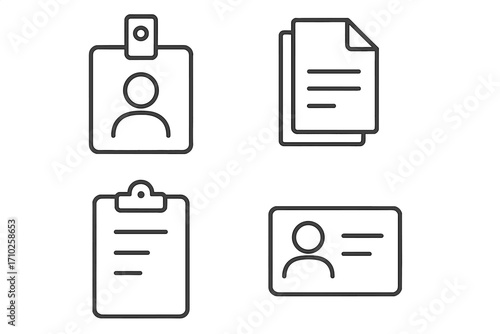 ID card, employee badge, clipboard and document line icon set. Business identity, personal data, user profile pictogram. Minimal vector icons for app, web, ui, ux design.