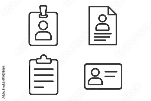Employee line icon set. ID card, badge, document and clipboard icons. Personal data, staff identity and profile symbol collection. Minimalist linear vector with editable stroke.