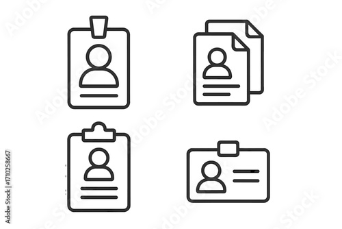 ID card & employee badge line icon collection. Vector pictograms of personal documents, resume, clipboard form, and staff profile. Minimalist design for identification pass.