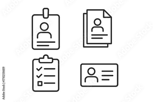 Employee ID card, staff badge, and resume document line icon set. Vector personal identification, cv, and clipboard checklist icons. Minimalist editable stroke pictograms.