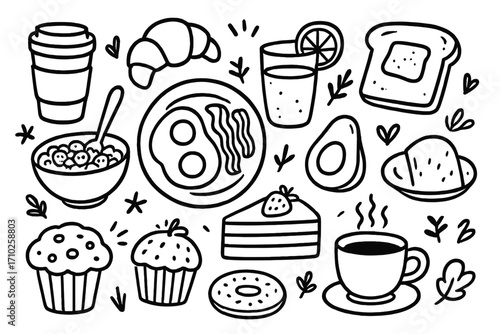 Hand-drawn brunch and breakfast food doodle set. Vector cartoon illustration collection of icons for cafe menu. Coffee, eggs, avocado, croissant, cake, and pastry.