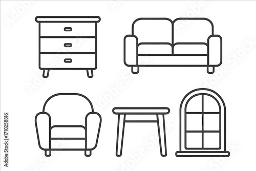 Furniture line icon set for interior design. Modern home outline symbols. Vector collection with couch, sofa, armchair, table, dresser, and window for web and apps.