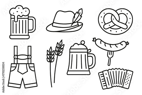 German Oktoberfest icon set, traditional Bavarian beer festival symbols. Vector line art illustration of pretzel, stein, sausage, lederhosen, accordion, and Tyrolean hat.
