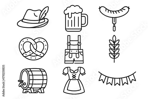 Oktoberfest line icon set. Traditional German beer festival symbols. Vector collection of beer, pretzel, lederhosen, dirndl, bavarian hat, sausage. Munich culture.