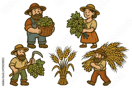 Set of rustic cartoon farmers harvesting ingredients for beer. Vector illustration of characters with hops and wheat. Agricultural concept for brewery and craft beer.