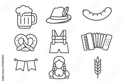 Oktoberfest line icon set with traditional German beer festival symbols. Vector collection of Bavarian food, clothing, and music. Pretzel, sausage, beer, lederhosen, dirndl.