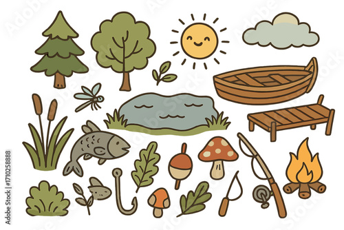 Lakeside doodle collection of charming nature and fishing elements. Vector cartoon set with boat, fish, campfire, tree, sun. Outdoor recreation and camping hobby icons.