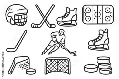 Hand drawn ice hockey icon set. Vector doodle illustration of winter sport game elements. Outline symbols of player, equipment, stick, puck, skate, rink, helmet, and goal.