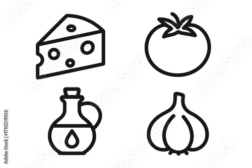 Cooking ingredients line icon set. Vector illustration of cheese, tomato, olive oil, garlic. Food pictogram for recipe, menu or grocery app. Healthy eating and gourmet food.