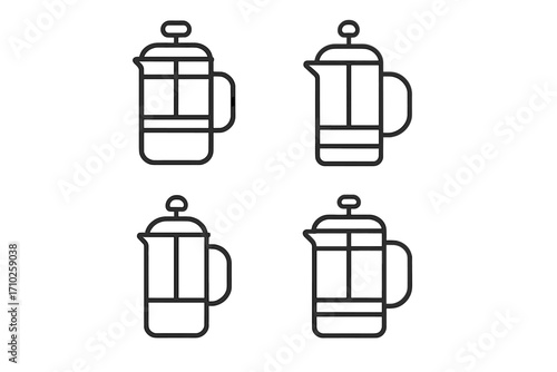 French press coffee maker line icon set. Minimalist vector illustration of kitchen equipment for brewing coffee. Simple outline symbols for caffeine and morning beverage concepts.