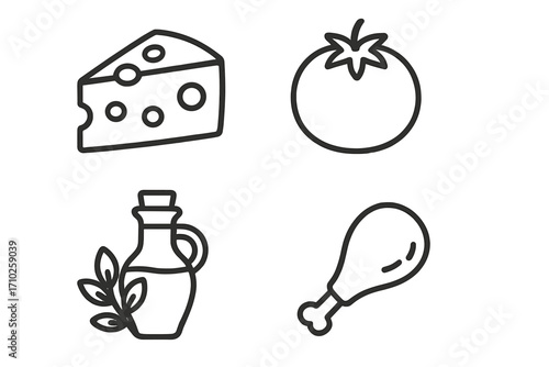 Food icons set of essential cooking ingredients. Vector line art illustration of cheese, tomato, olive oil, and chicken leg. Simple outline symbols for grocery, recipe, and menu.