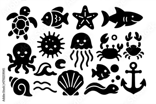 Marine life glyph icon set. Sea creatures and ocean elements silhouette collection. Cute cartoon vector illustration with fish, turtle, shark, octopus, crab, jellyfish, anchor.