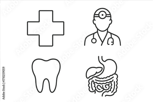 Medical line icon set. Healthcare linear pictogram collection. Doctor, tooth, internal organs, clinic symbol. First aid cross, dentist, gastroenterology concept. Editable stroke vector.