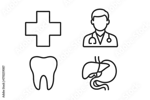 Medical outline icon set. Doctor, tooth, internal organs, clinic cross symbols. Healthcare and pharmacy web pictograms. Minimalist linear vector collection with editable stroke.