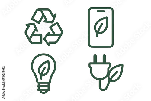 Eco friendly icon set with recycling, green energy and sustainable technology symbols. Vector line art of leaf on phone, lightbulb and plug. Ecology and environment concept.