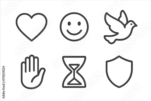 Minimal line icon set of heart, smile, dove, hand, hourglass, and shield. Vector collection for concepts of love, peace, time, protection, stop, and happiness. Simple outline pictogram.