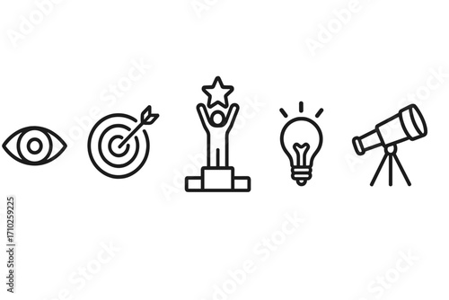Minimalist line icon set for business goals, vision, and success. Vector icons for achievement, innovation, exploration, and strategy. Concepts for development and winning.