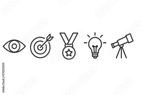 Business core values icon set. Vision, mission, goals, strategy. Minimalist line icons for success, achievement, innovation, exploration. Personal development concept.