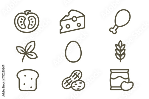 Food allergen icons set. Minimalist line art of grocery ingredients like nuts, gluten, dairy, and meat. Vector symbols for nutrition, diet, and healthy eating concepts.