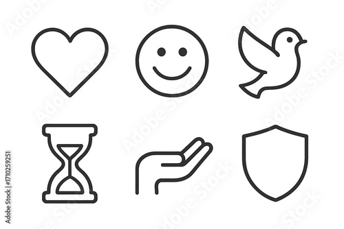 Minimalist line icons set with heart, smile, dove, hourglass, hand, and shield. Vector symbols for love, peace, time, charity, and protection. Core values concept.