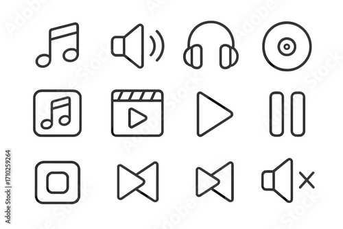 Music and multimedia player line icon set. Vector symbols for UI and UX design. Audio and video interface buttons. Play, pause, stop, volume control and navigation signs.