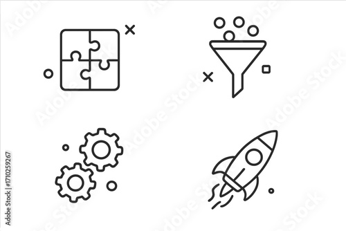 Startup launch and business process thin line icons. Strategy, development concept. Puzzle solution, sales funnel, process gears, rocket growth. Data analytics vector pictogram set.