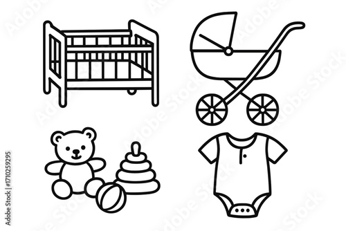 Newborn baby essentials icon set. Simple outline vector illustration. Doodle line art collection of childcare items: crib, stroller, toys, teddy bear, and clothing bodysuit.