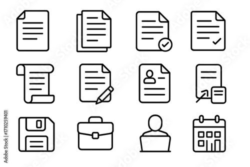 Business and office line icon set. Vector outline icons for work, job, and document management. Includes resume, contract, calendar, and briefcase symbols for web and app design.