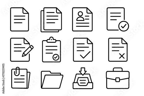 Paper job document line icon set. Office work files, resume, and contract symbols. Business report, application, and form icons for web and apps. Vector illustration.