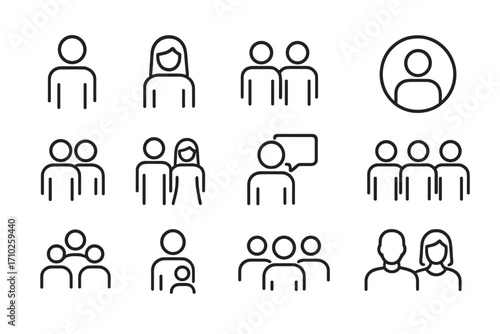 People line icon set. Vector collection of simple linear symbols for user interface design. Person, group, team, couple, family, and user profile avatar outline icons.