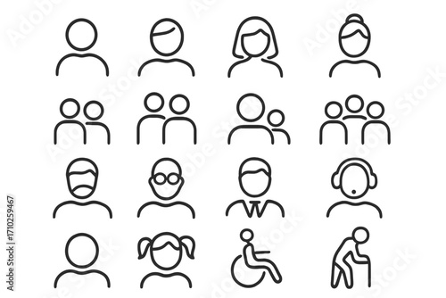 People icons vector set. User profile avatar pictograms. Simple line illustrations of man, woman, family, senior, child, disabled person for web, app, UI, UX design elements.