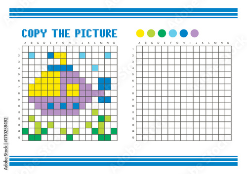 Copy the picture grid drawing worksheet for kids. Pixel art submarine