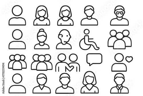 People icon collection vector pictogram set. User profile avatar symbols. Male, female, group, team, and disability person. Simple linear design elements for apps & websites.