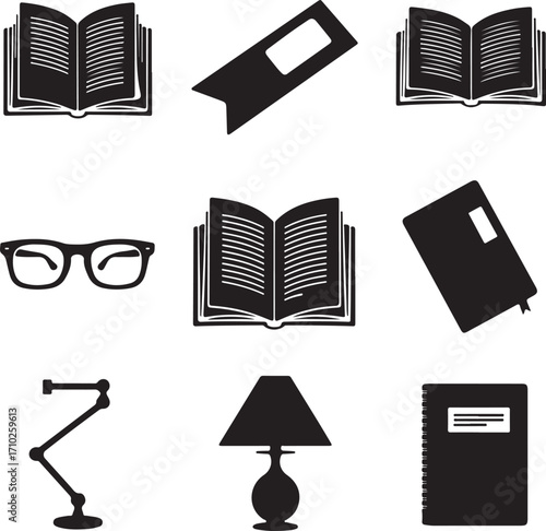Assortment of reading and study related icons in silhouette