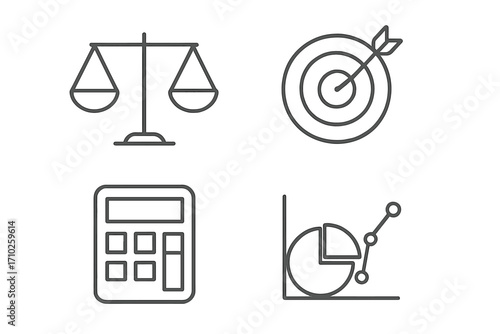 Scales target calculator diagram business line icons set editable stroke minimalistic linear pictograms for cards apps banners and posts vector cartoon design elements