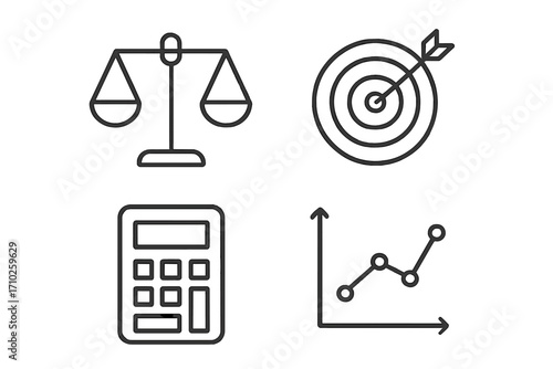 Scales target calculator diagram business line icon pack editable stroke minimalistic linear pictogram design cards apps banners posts vector cartoon set