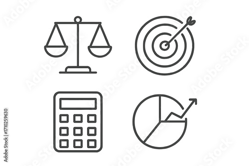 Scales, target, calculator, pie chart business icon set, editable stroke line art, minimalistic linear pictograms for cards, apps, banners, posts, vector cartoon design collection