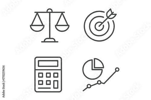 Scales, Target, Calculator, Diagram Business Icon Pack, Editable Stroke Minimalist Line Pictograms for Cards, Apps, Banners, Posts, Vector Cartoon Set, Business and Finance Symbols