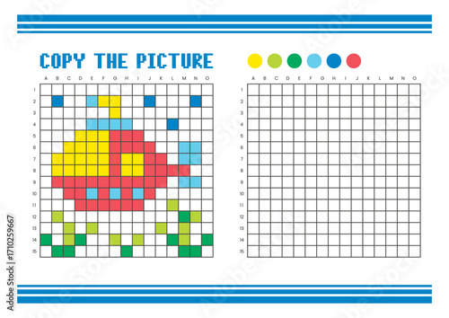 Copy the picture grid drawing worksheet for kids. Pixel art submarine
